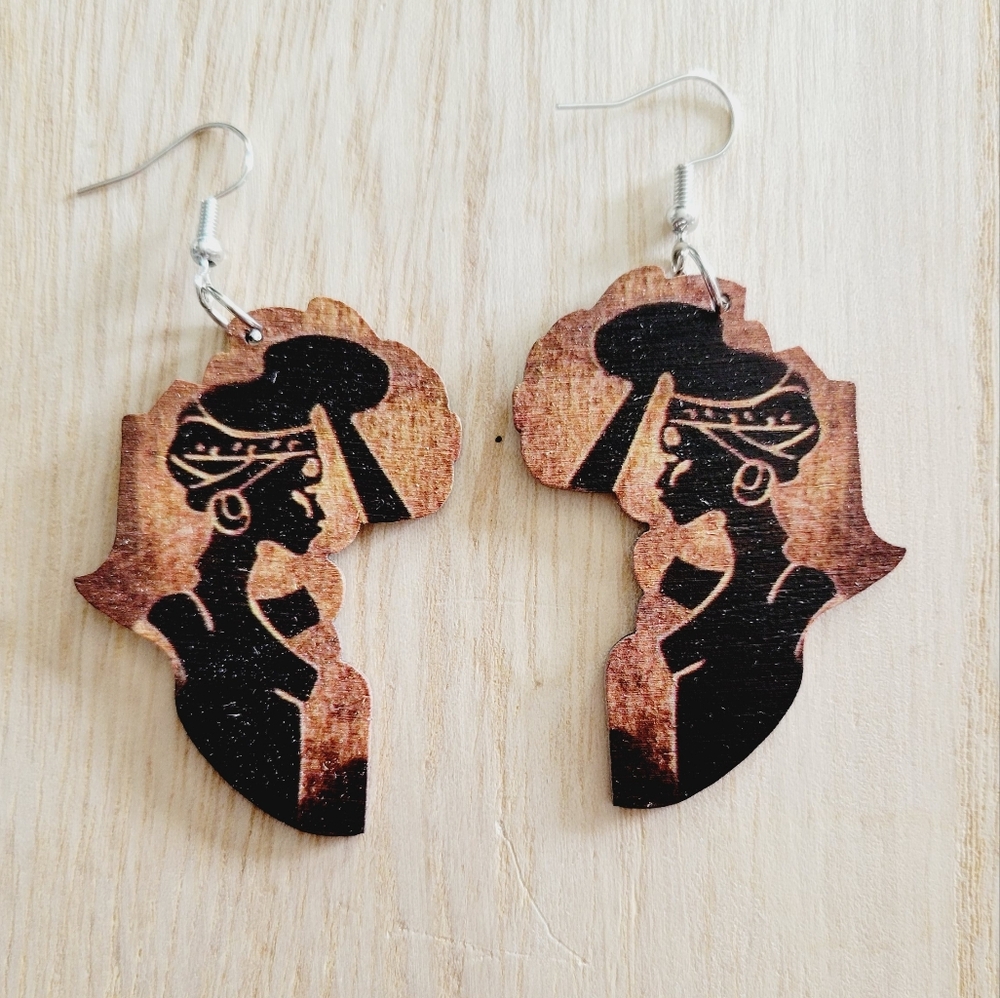 Afro African Map Wooden Dangle Earrings